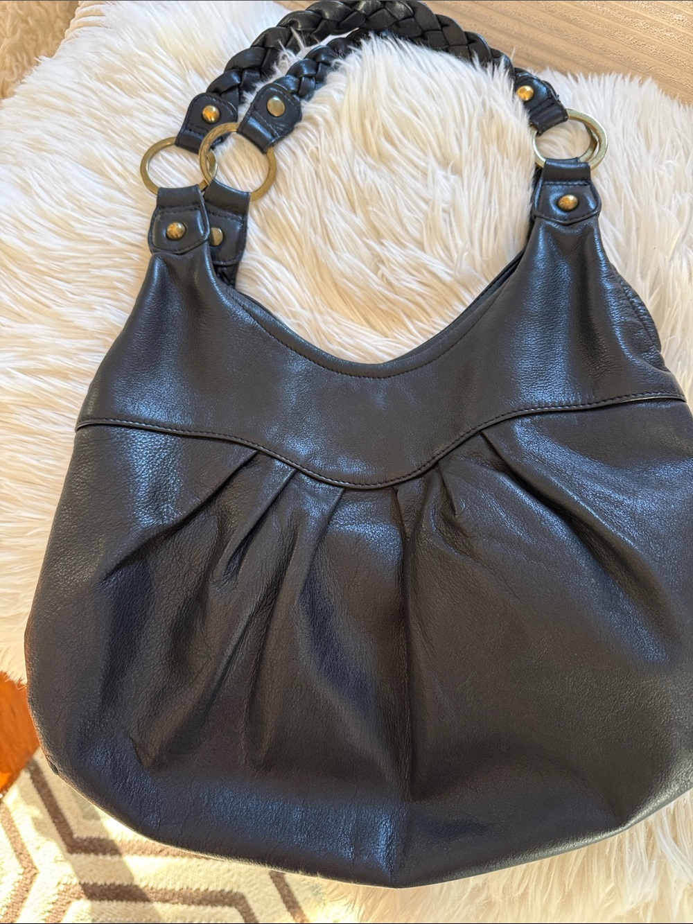 Arturo New York/Milano Black Leather Hobo Bag with Braided Handles & brass